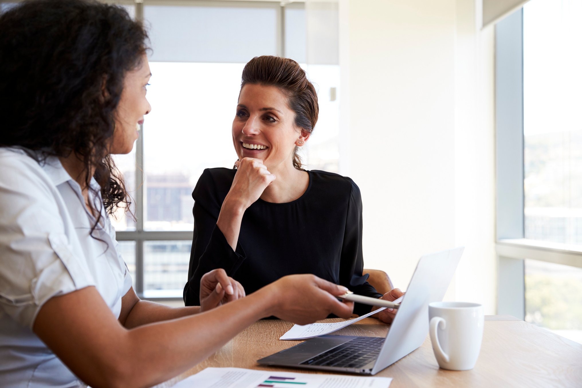 Two Businesswomen Using Laptop Computer in Office Meeting